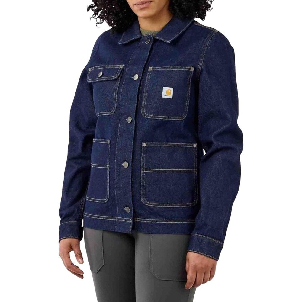 Carhartt NWT Womens New L Denim Chore Coat Jacket Jean Blue Pockets Logo Relaxed